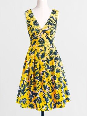 J. Crew Floral Pique Yellow and Navy Dress